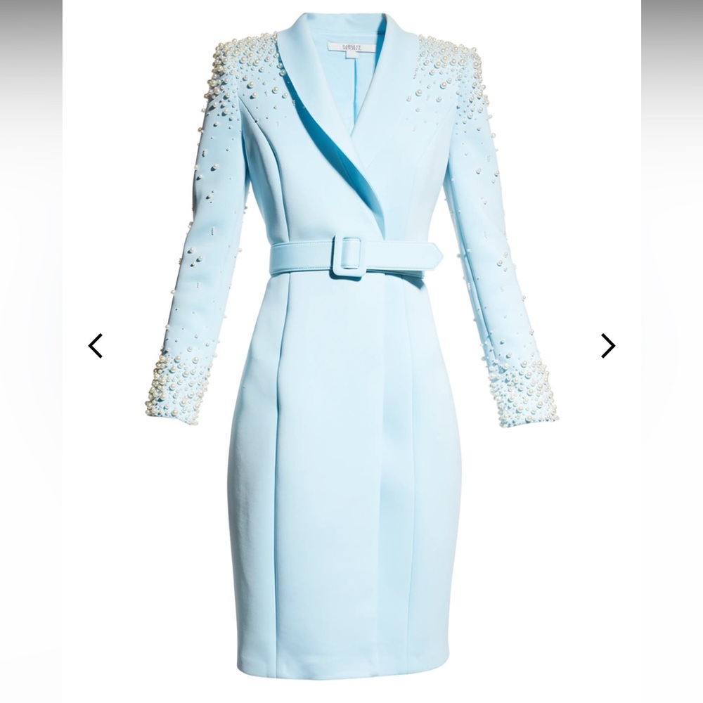 Badgley Mischka collection Pearl embellished shawl collar dress
